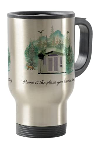 Travel Mug, Camping, Caravan Home is The Place You Love to Stay, Holiday, Cup Novelty Office Birthday Christmas Coffee Gift Tea Present White or Silver