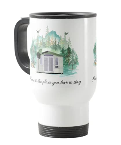 Travel Mug, Camping, Caravan Home is The Place You Love to Stay, Holiday, Cup Novelty Office Birthday Christmas Coffee Gift Tea Present White or Silver