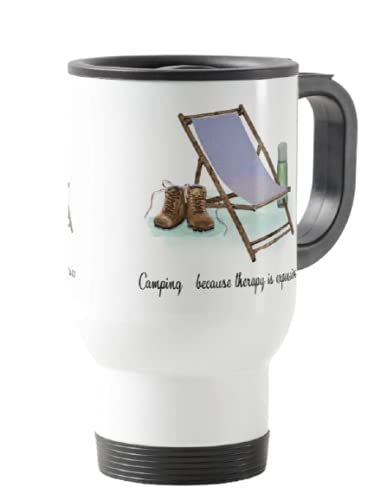Travel Mug, Camping, Camping Because Therapy is Expensive, Holiday, Cup Novelty Office Birthday Christmas Coffee Gift Tea Present White or Silver