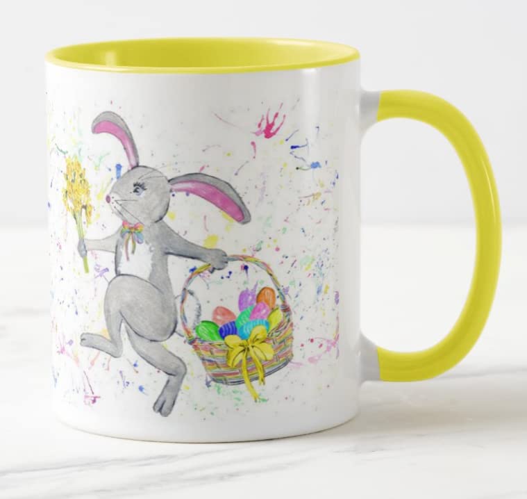 Easter Bunny Rabbit Daffodils Watercolour Art Coloured Mug Cup Gift Birthday Work Office Tea Coffee E05