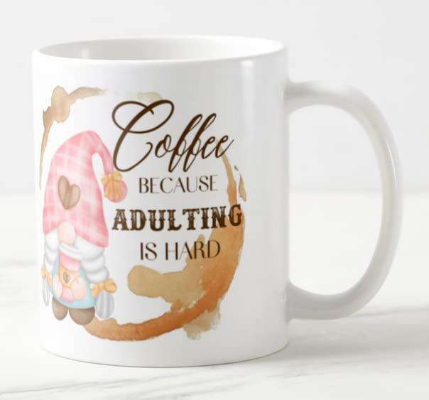 Gnome Coffee Because Adulting is Hard Joke Novelty Coloured Mug Cup Gift Birthday Work Office Christmas Tea Coffee