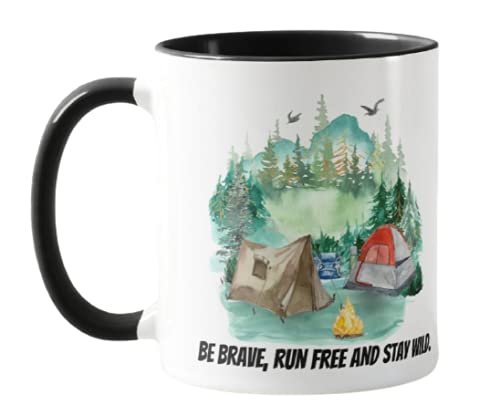 Tent Camping Caravan, Be Brave,Run Free and Stay Wild, Holiday, Ceramic Mug Cup Coloured,11oz, Novelty Gift, Joke