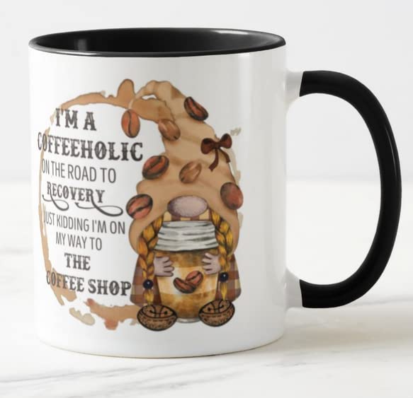 Vixar Gnomes I'm a Coffeeholic on The Road to Recovery, Just Kidding I'm on My Way to The Coffee Shop Coloured Mug Cup Gift Birthday Work Office Christmas Tea Coffee