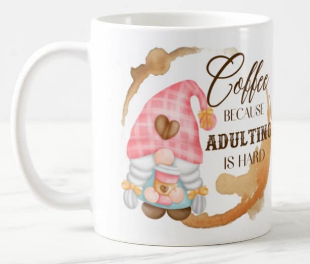 Gnome Coffee Because Adulting is Hard Joke Novelty Coloured Mug Cup Gift Birthday Work Office Christmas Tea Coffee
