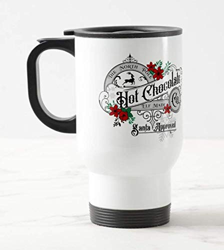Vixar The North Pole Hot Chocolate Co. Christmas Travel Mug Cup Novelty Office Birthday Christmas Coffee Gift Tea Present White or Silver