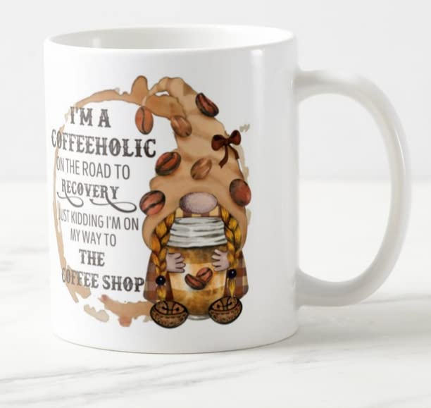 Vixar Gnomes I'm a Coffeeholic on The Road to Recovery, Just Kidding I'm on My Way to The Coffee Shop Coloured Mug Cup Gift Birthday Work Office Christmas Tea Coffee