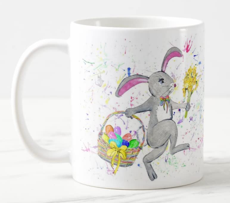 Easter Bunny Rabbit Daffodils Watercolour Art Coloured Mug Cup Gift Birthday Work Office Tea Coffee E05