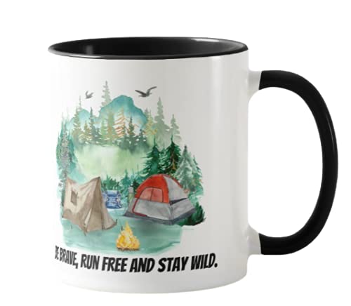 Tent Camping Caravan, Be Brave,Run Free and Stay Wild, Holiday, Ceramic Mug Cup Coloured,11oz, Novelty Gift, Joke