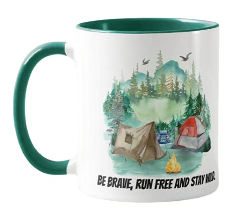 Tent Camping Caravan, Be Brave,Run Free and Stay Wild, Holiday, Ceramic Mug Cup Coloured,11oz, Novelty Gift, Joke