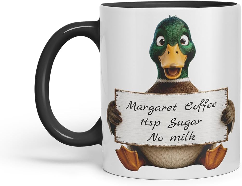 Vixar Personalised Duck Mug with Name or Custom Message – Cute Animal Coloured Ceramic Mug Cup Gift, 11oz (Black)