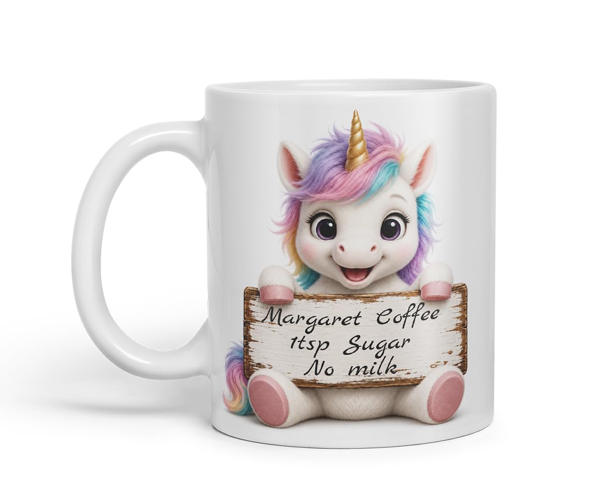 Vixar Personalised Pastel Unicorn Mug with Name or Custom Message – Cute Animal Coloured Ceramic Mug Cup Gift, 11oz (Black)