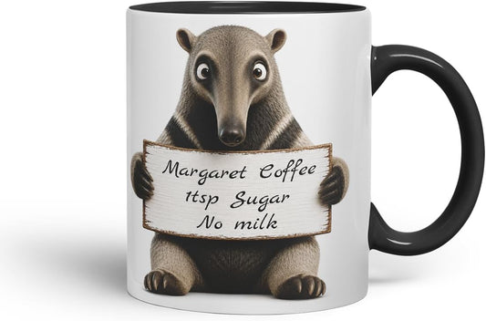 Vixar Personalised Anteater Mug with Name or Custom Message – Cute Animal Coloured Ceramic Mug Cup Gift, 11oz (Black)