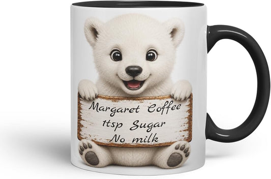 Vixar Personalised Polar Bear Mug with Name or Custom Message – Cute Animal Coloured Ceramic Mug Cup Gift, 11oz (Black)