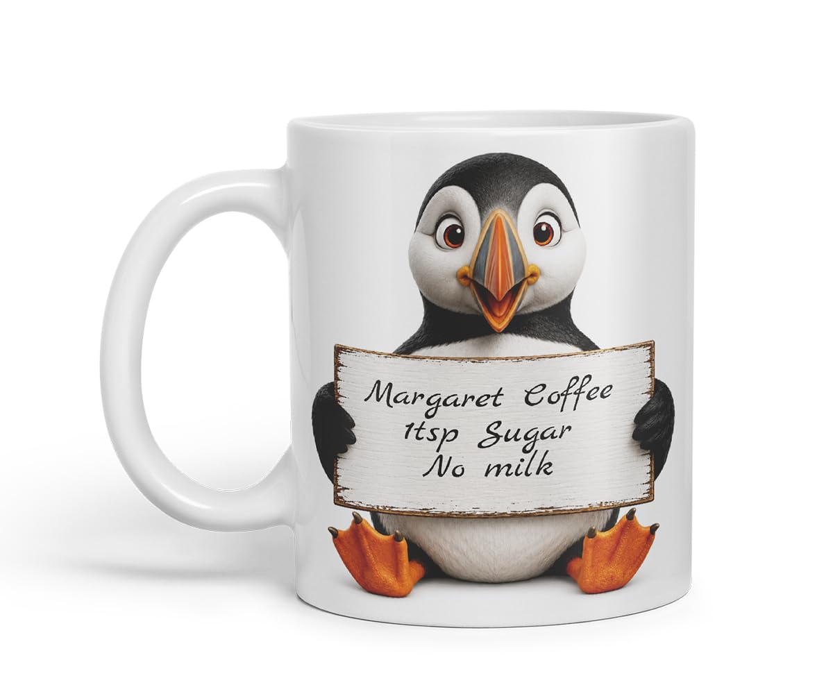 Vixar Personalised Puffin Mug with Name or Custom Message – Cute Animal Coloured Ceramic Mug Cup Gift, 11oz (Black)