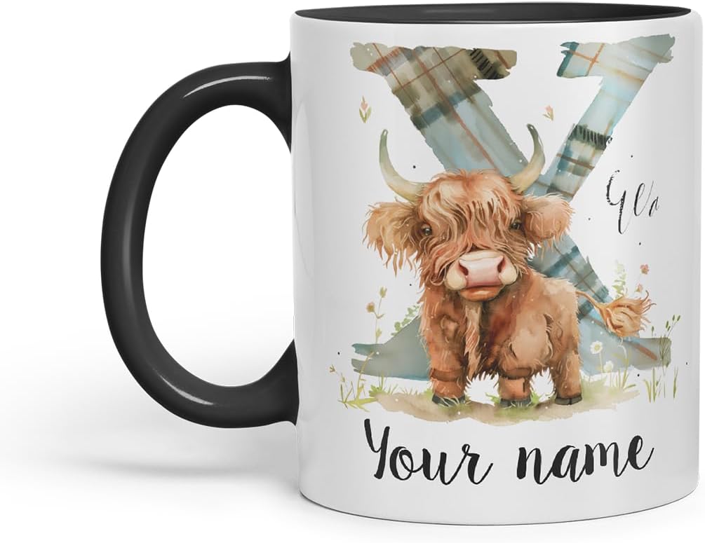 Vixar Personalised Highland Cow Initial Letter X Custom Name Mug – Coloured Ceramic Mug Cup Gift, 11oz (Black)