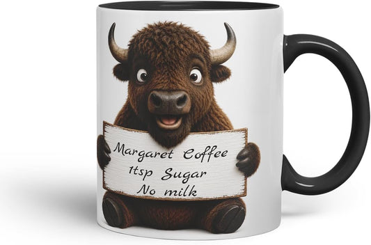 Vixar Personalised Bison Mug with Name or Custom Message – Cute Animal Coloured Ceramic Mug Cup Gift, 11oz (Black)