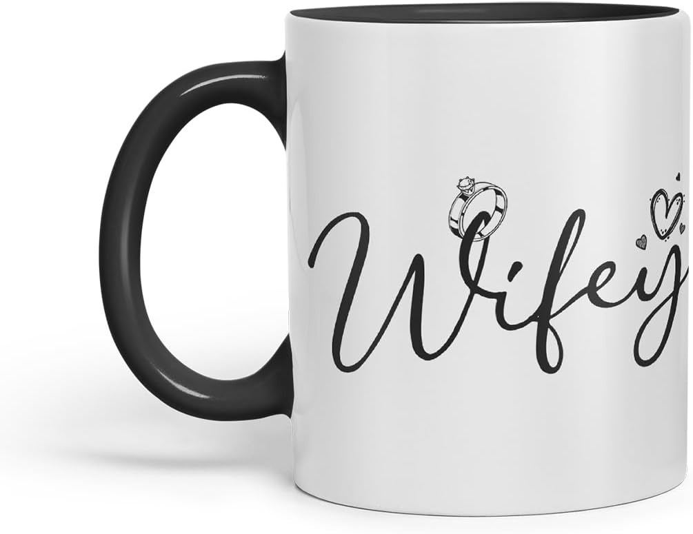 Vixar Wifey Script Wedding Ring Couple Mug – Coloured Ceramic Mug Cup Gift, 11oz (Black)