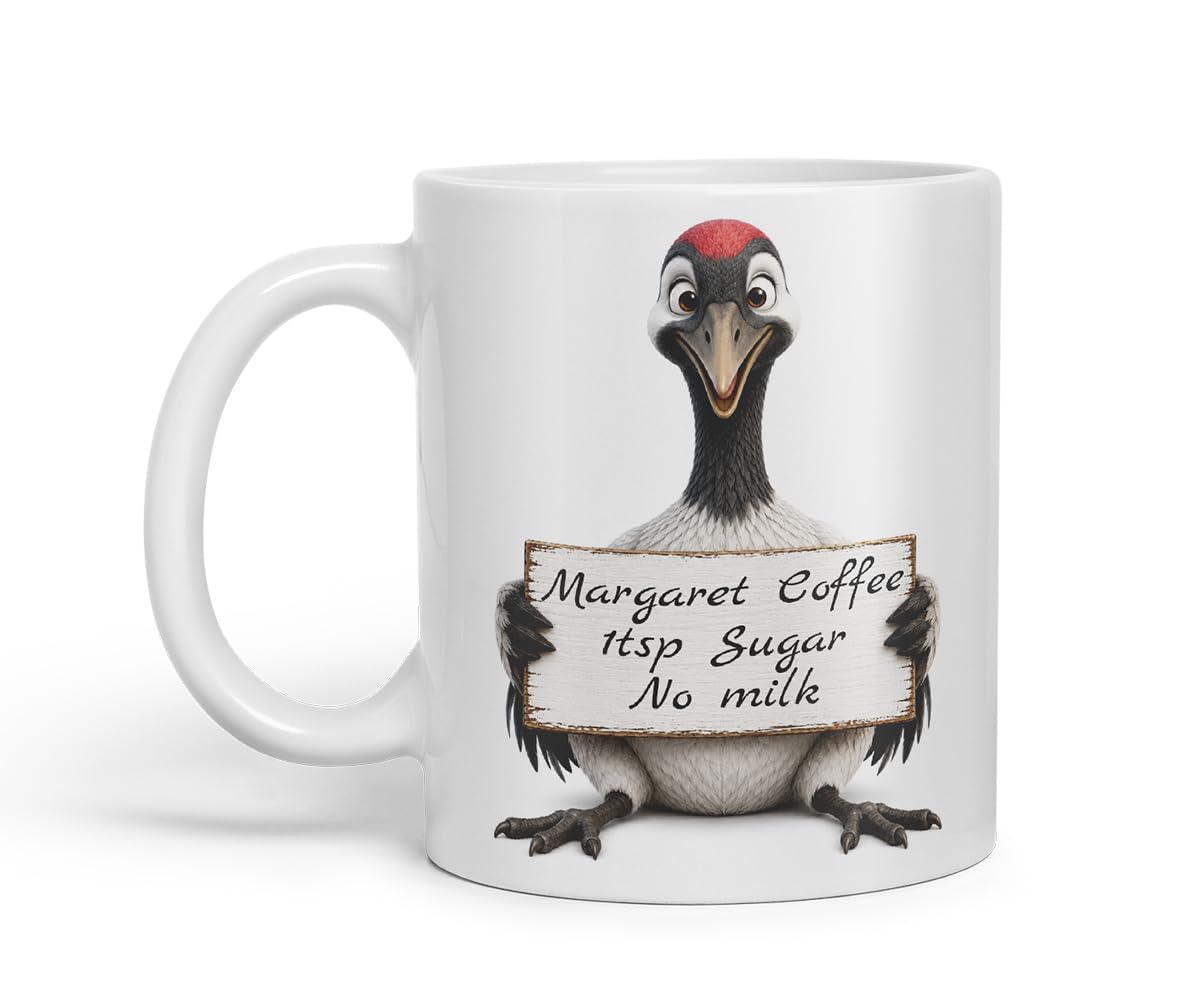 Vixar Personalised Crane Bird Mug with Name or Custom Message – Cute Animal Coloured Ceramic Mug Cup Gift, 11oz (Black)