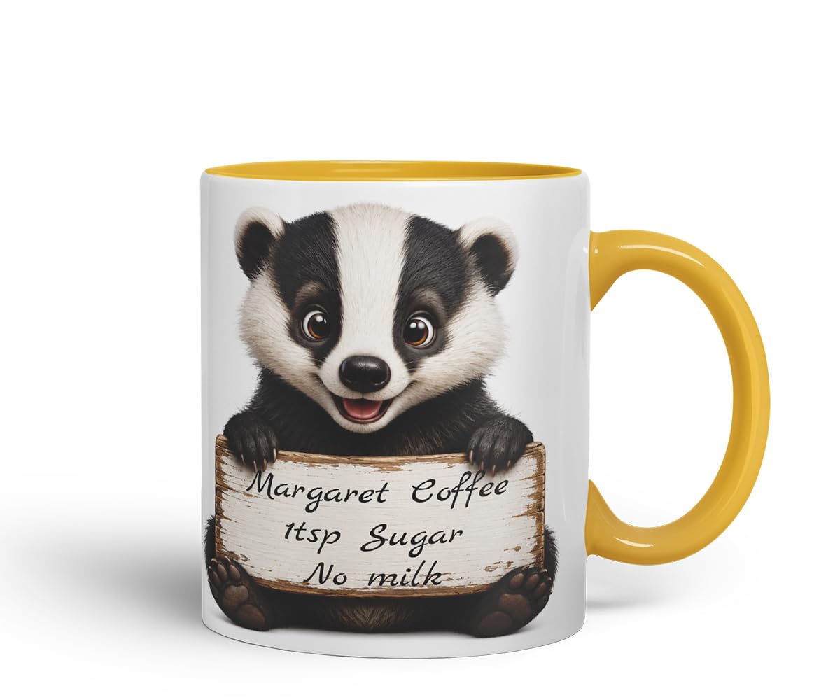 Vixar Personalised Badger Mug with Name or Custom Message – Cute Animal Coloured Ceramic Mug Cup Gift, 11oz (Black)
