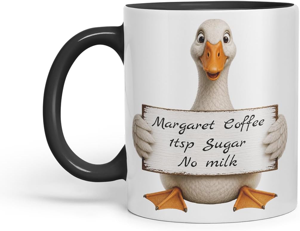 Vixar Personalised Goose Mug with Name or Custom Message – Cute Animal Coloured Ceramic Mug Cup Gift, 11oz (Black)