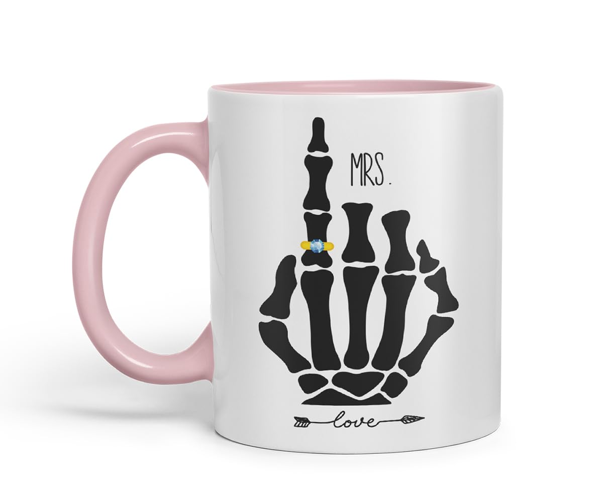 Vixar Mrs Skeleton Hand Wedding Ring Couple Mug – Coloured Ceramic Mug Cup Gift, 11oz (Black)