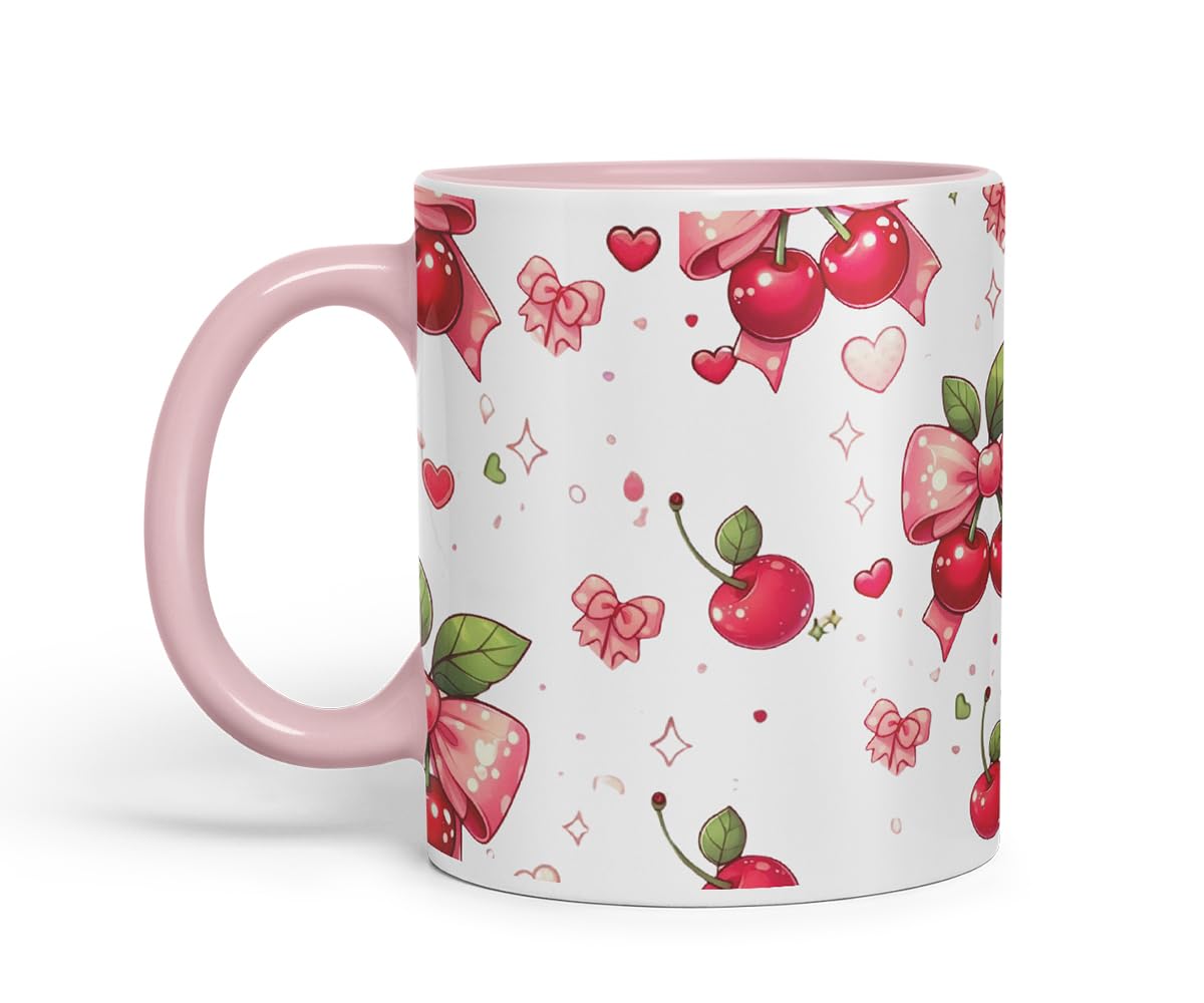 Vixar Cherry Bow Pattern Mug – Coloured Ceramic Mug Cup Gift, 11oz (Black)