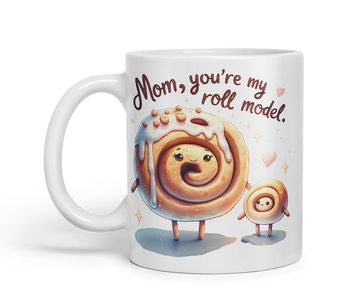 Vixar Mom You're My Roll Model Funny Cinnamon Roll Mother Mum Mug – Coloured Ceramic Mug Cup Gift, 11oz (Black)