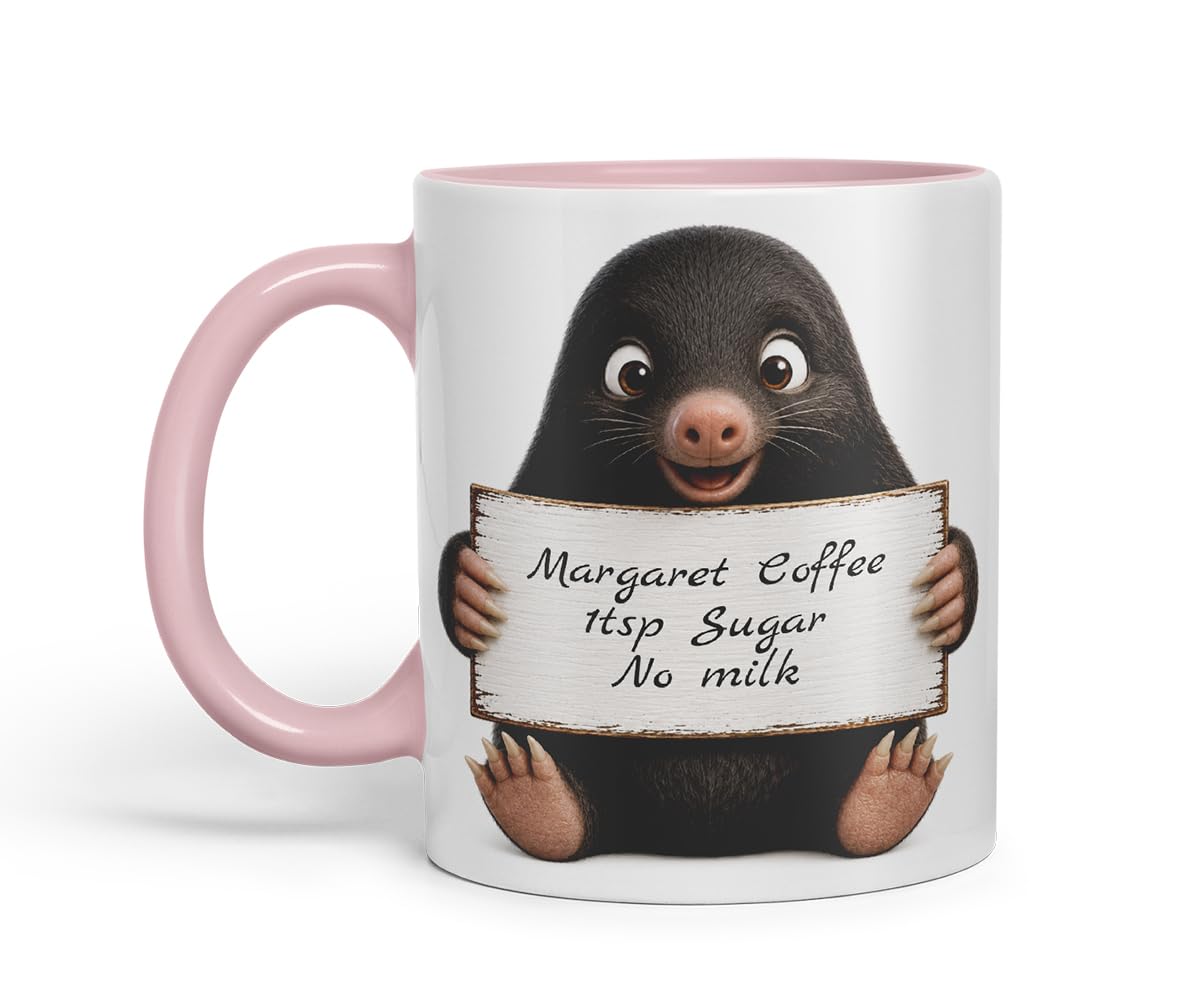 Vixar Personalised Mole Mug with Name or Custom Message – Cute Animal Coloured Ceramic Mug Cup Gift, 11oz (Black)
