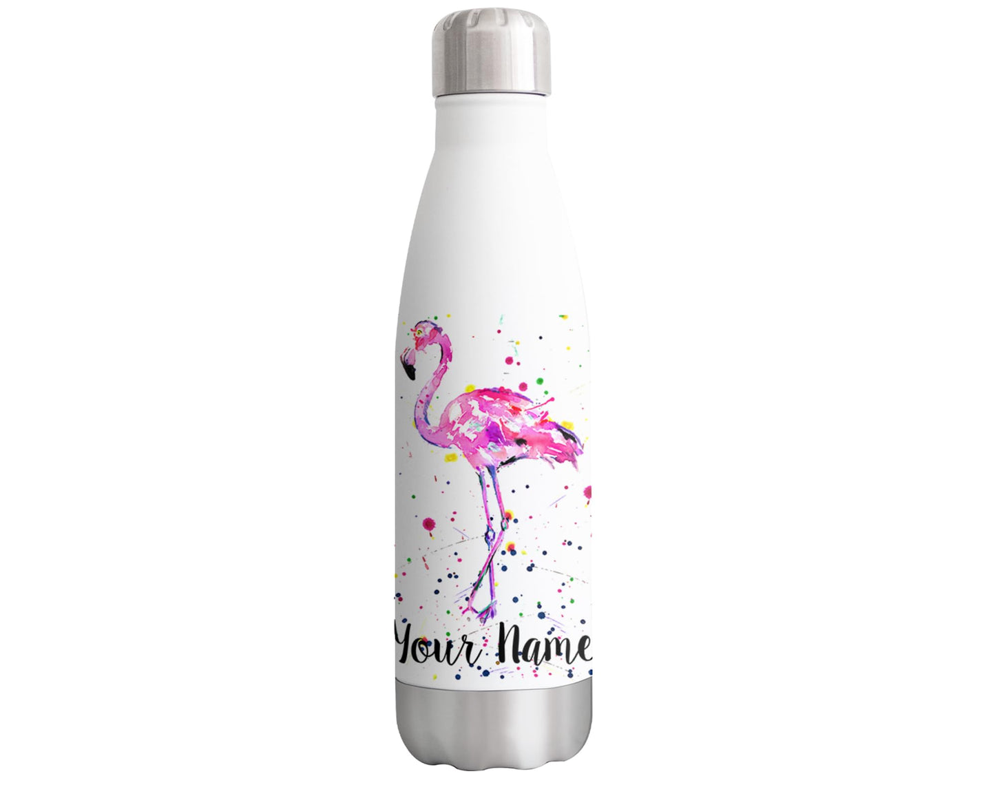 Vixar Flamingo Personalised Custom Bottle with your Text/name Bird animals Watercolour Bottle Double Wall Insulated Stainless Steel Sport Drinks 500ml