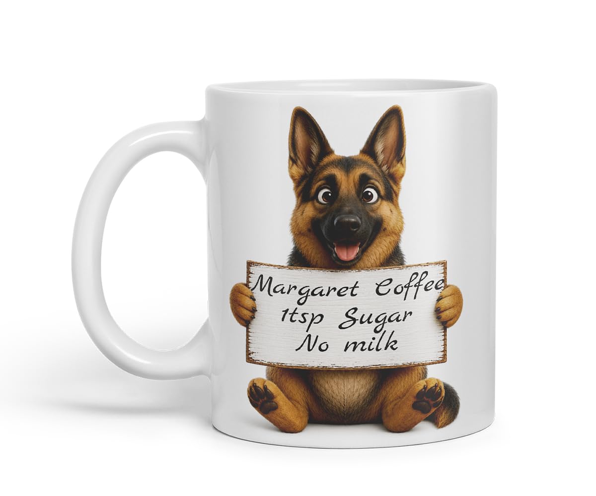 Vixar Personalised German Shepherd Dog Pet Mug with Name or Custom Message – Cute Animal Coloured Ceramic Mug Cup Gift, 11oz (Black)