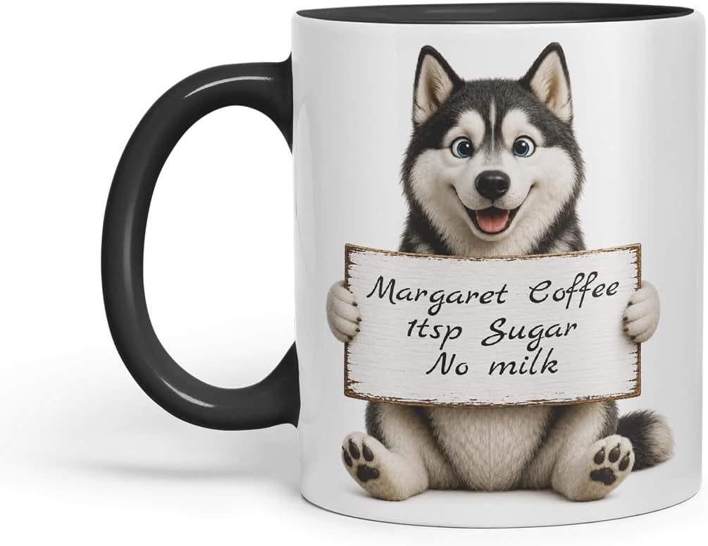 Vixar Personalised Husky Mug with Name or Custom Message – Cute Animal Coloured Ceramic Mug Cup Gift, 11oz (Black)