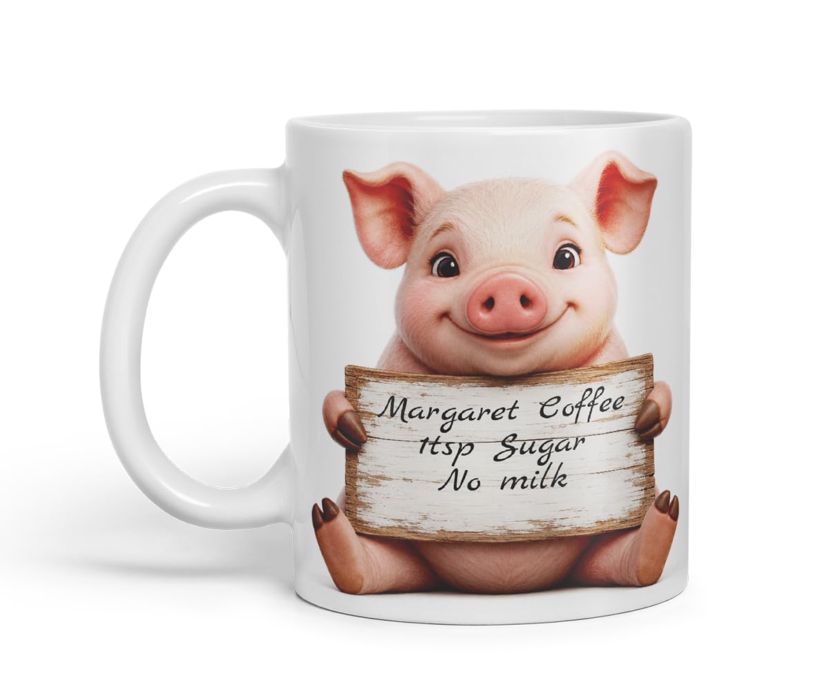 Vixar Personalised Pig Mug with Name or Custom Message – Cute Animal Coloured Ceramic Mug Cup Gift, 11oz (Black)