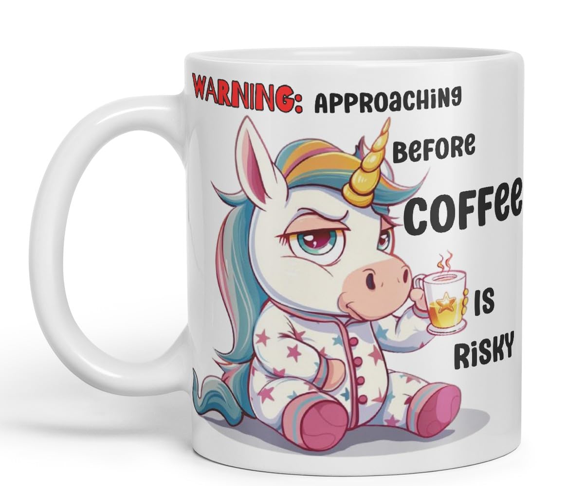 Vixar Warning Unicorn Coffee Mug – Approaching Before Coffee is Risky – Coloured Ceramic Mug Cup Gift, 11oz (Black)