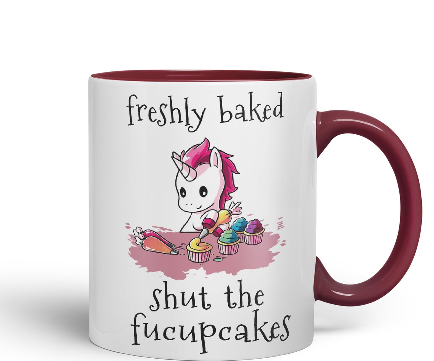 Freshly Baked, Shut The fucupcakes, Unicorn Sarcastic Joke Ceramic Coloured Mug Cup for Tea Coffee Hot Brew 330ml 11Oz