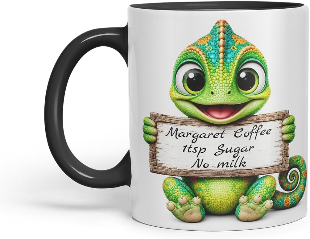 Vixar Personalised Chameleon Mug with Name or Custom Message – Cute Animal Coloured Ceramic Mug Cup Gift, 11oz (Black)