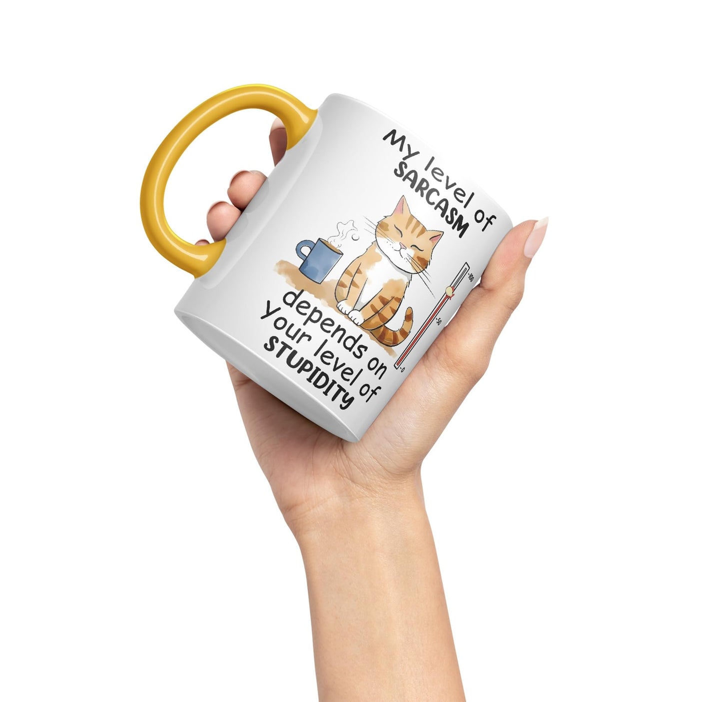 My Level of Sarcasm Depends on Your Level of Stupidity Cat Joke Ceramic Coloured Mug Cup for Tea Coffee Hot Brew 330ml 11Oz