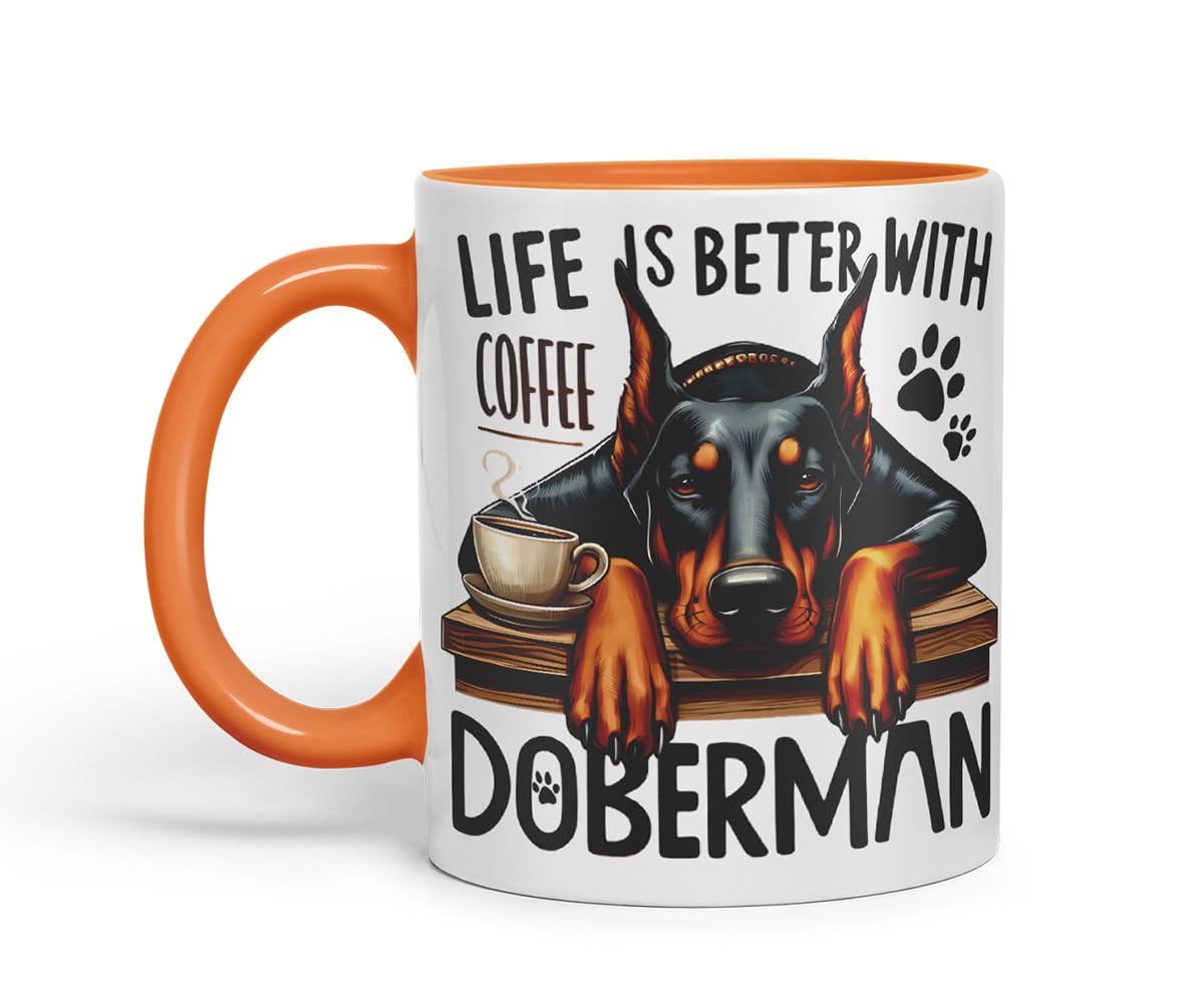 Vixar Life is Better with Coffee Doberman Dog Mug – Coloured Ceramic Mug Cup Gift, 11oz (Black)