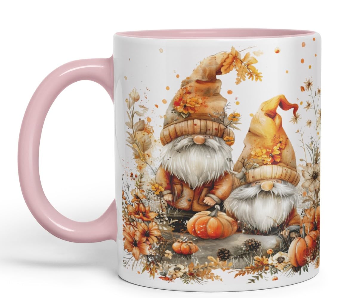 Vixar Ceramic Mug with Autumn Gnomes and Pumpkins Gnome Ceramic Coloured Mug Cup 330ml 11Oz (Black)