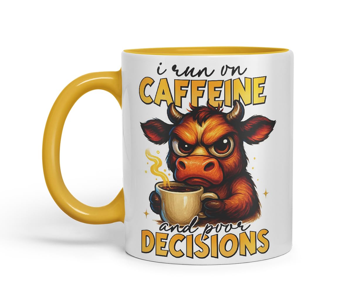 Vixar I Run On Caffeine and Poor Decisions Funny Cow Mug – Coloured Ceramic Mug Cup Gift, 11oz (Black)