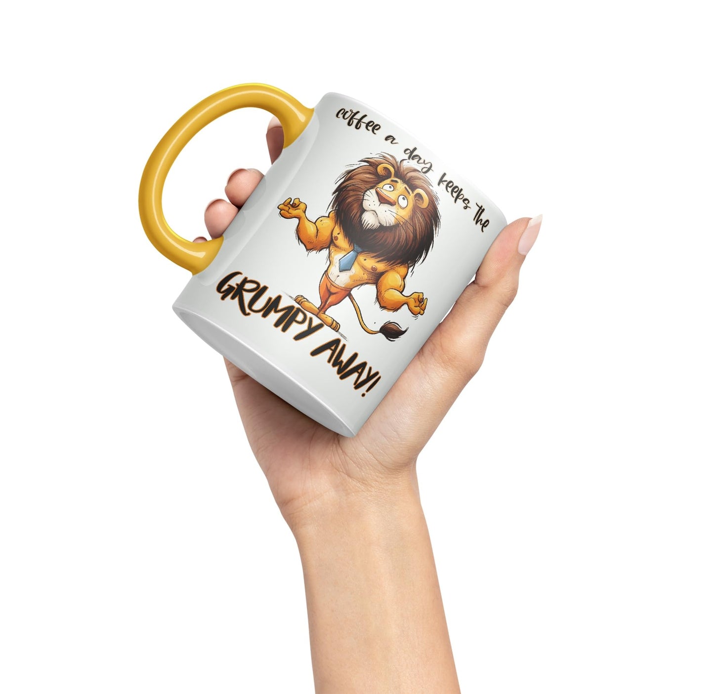Coffee a Day Keeps The Grumy Away! Lion Joke sarkasm Sarcastic Ceramic Coloured Mug Cup for Tea Coffee Hot Brew 330ml 11Oz Gift