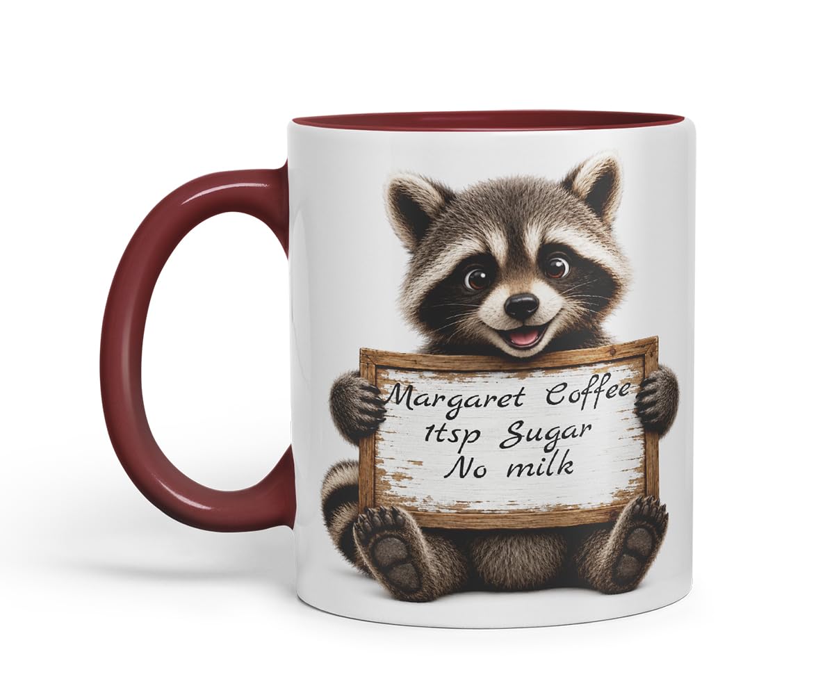 Vixar Personalised Raccoon Mug with Name or Custom Message – Cute Animal Coloured Ceramic Mug Cup Gift, 11oz (Black)