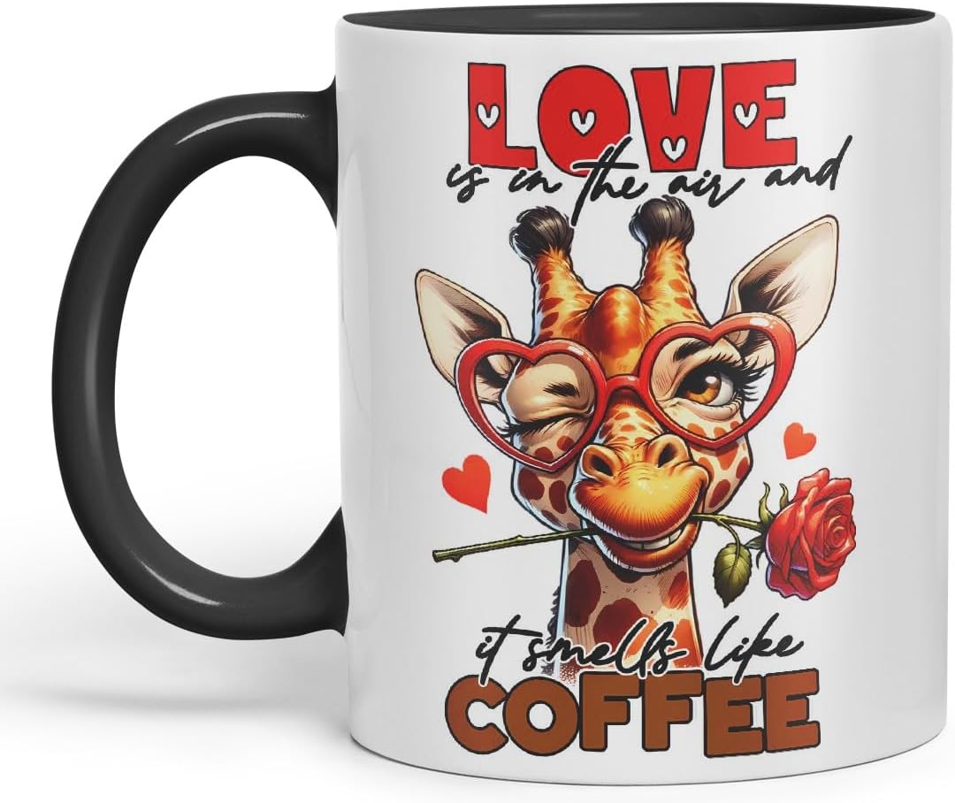 Vixar Love is in The Air and It Smells Like Coffee Sarcastic Giraffe Mug, Coloured Ceramic Cup 11oz (Black)