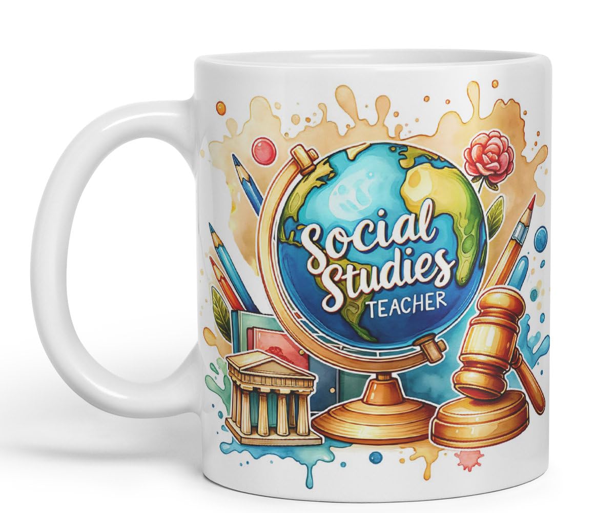 Vixar Social Studies Teacher Mug Thank You, End of School Gift Ceramic Coloured Mug Cup for Tea Coffee Hot Brew 330ml 11Oz Gift