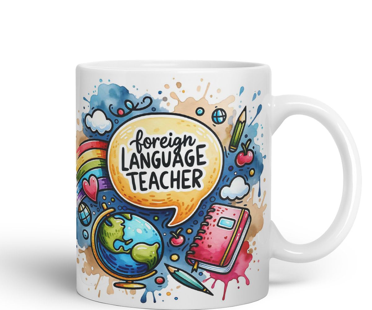 Vixar Foreign Language Teacher Teacher Mug Thank You, End of School Gift Ceramic Coloured Mug Cup for Tea Coffee Hot Brew 330ml 11Oz Gift