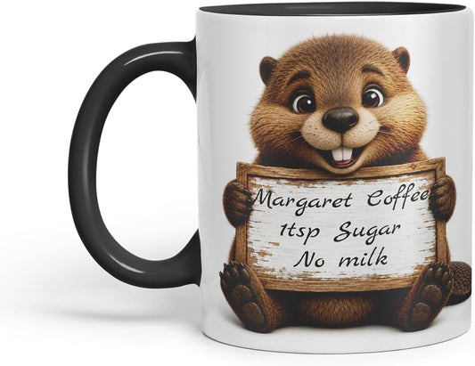 Vixar Personalised Beaver Mug with Name or Custom Message – Cute Animal Coloured Ceramic Mug Cup Gift, 11oz (Black)