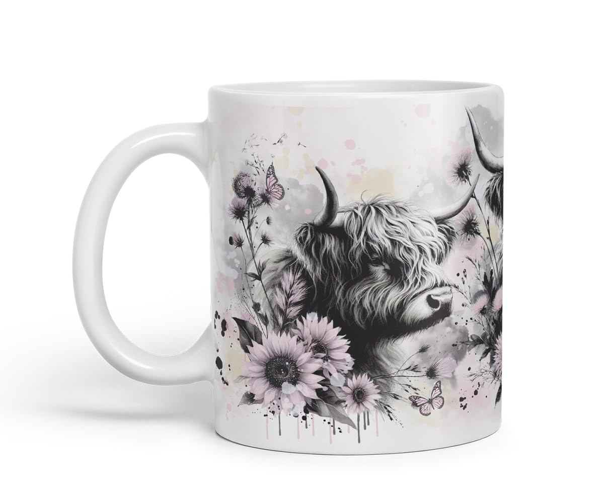 Vixar Highland Cows Flowers Mug – Coloured Ceramic Mug Cup Gift, 11oz (Black)