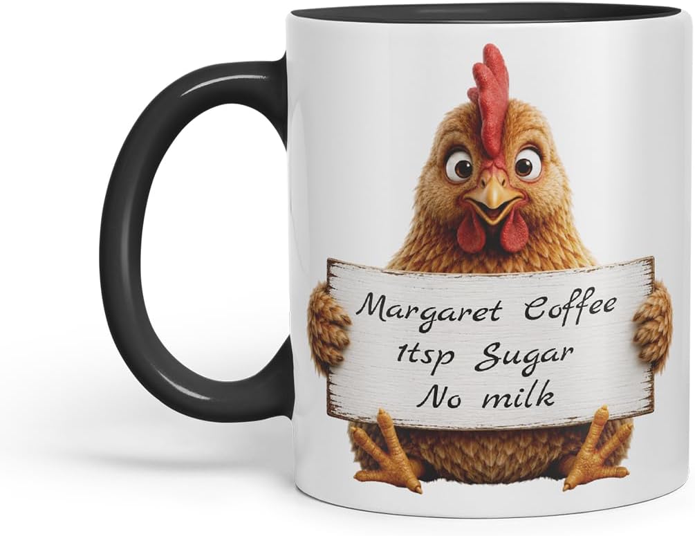 Vixar Personalised Hen Mug with Name or Custom Message – Cute Animal Coloured Ceramic Mug Cup Gift, 11oz (Black)