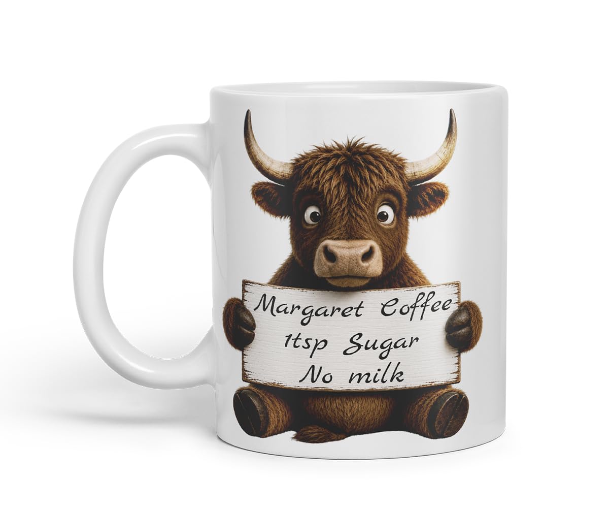Vixar Personalised Bull Mug with Name or Custom Message – Cute Animal Coloured Ceramic Mug Cup Gift, 11oz (Black)