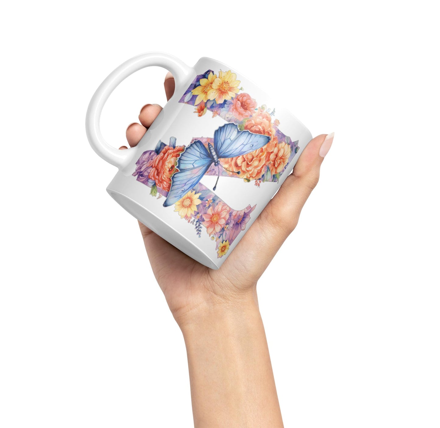 Letter Z mug, Floral flowers butterfly Alphabet Letter Z Monogram watercolour Ceramic Coloured Mug Cup for Tea Coffee Hot brew 330ml 11Oz Gift