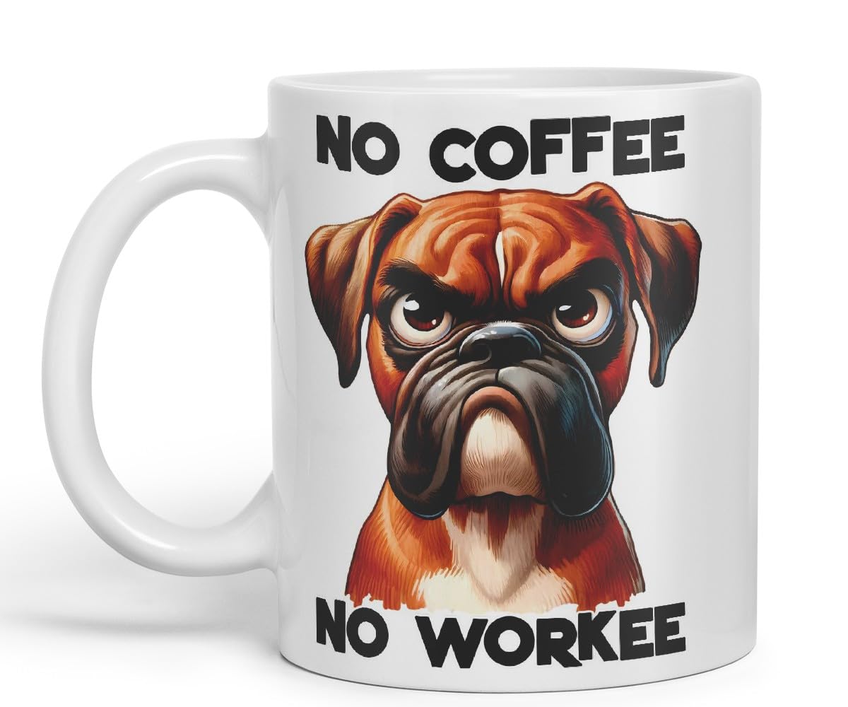 Vixar No Coffee No Workee Sarcastic Boxer Dog Mug, Coloured Ceramic Cup 11oz (Black)